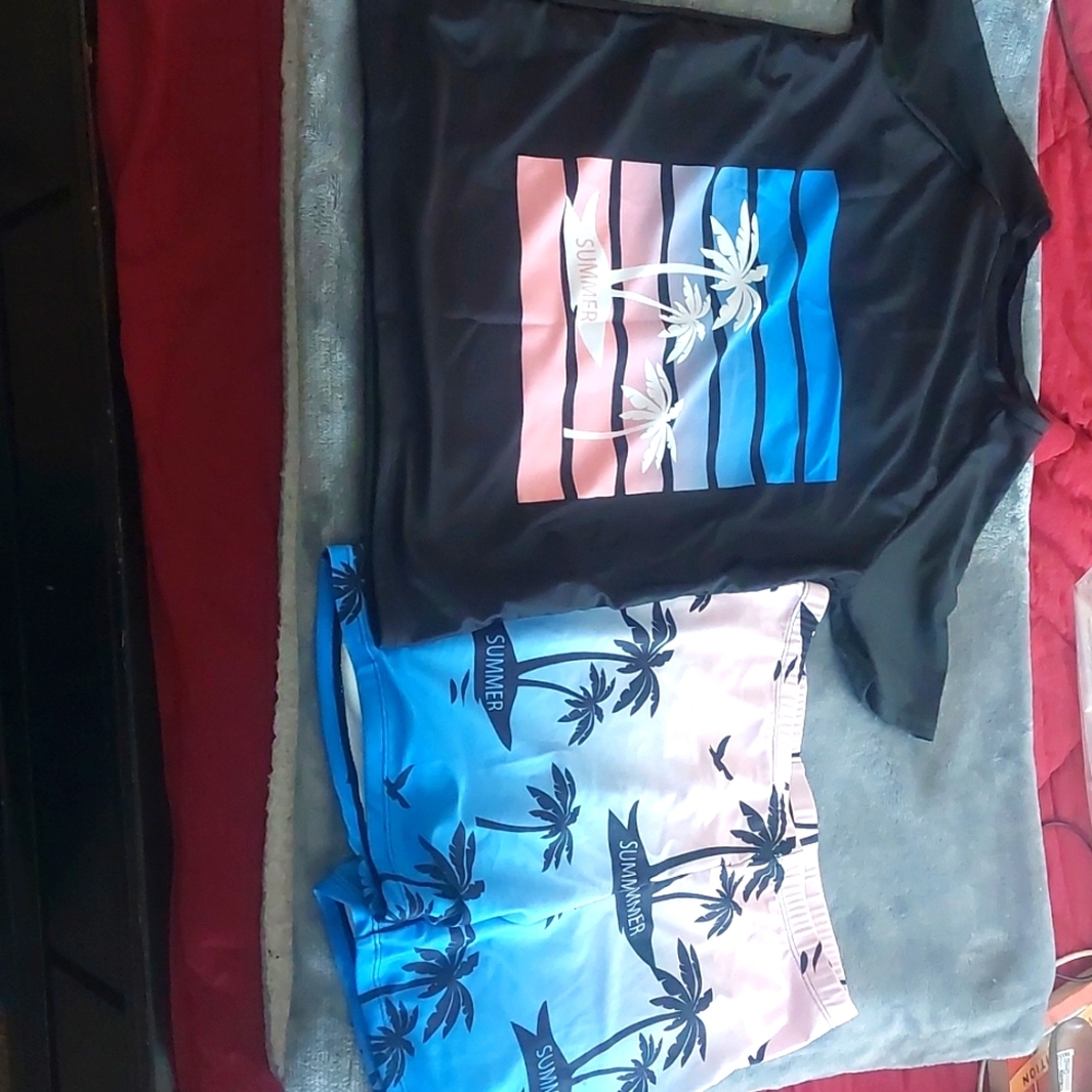 Boys 2 piece swim trunks and shirt sz 13-14